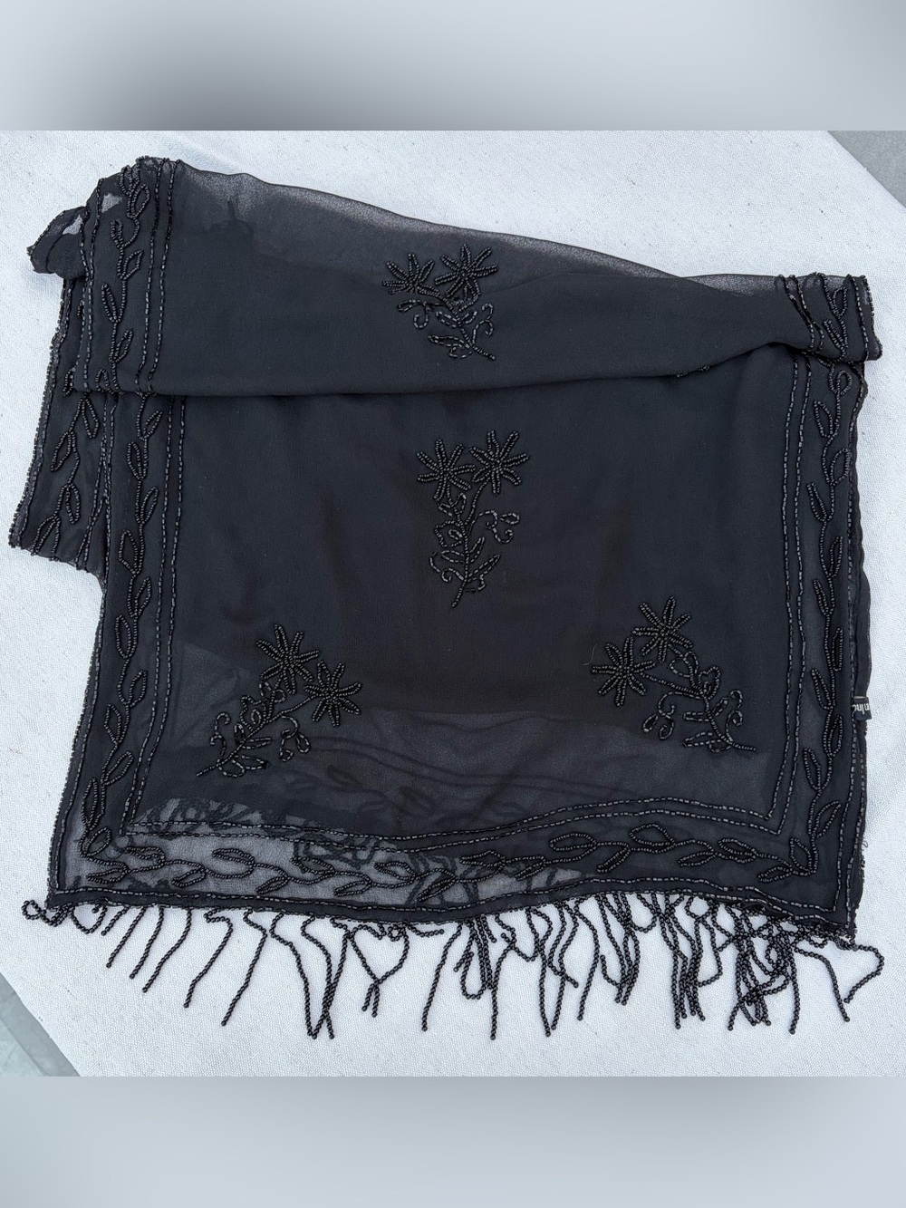 Sheer Black Beaded Floral Scarf, Y2K Fairycore Whimsygoth Boho Grunge Festival